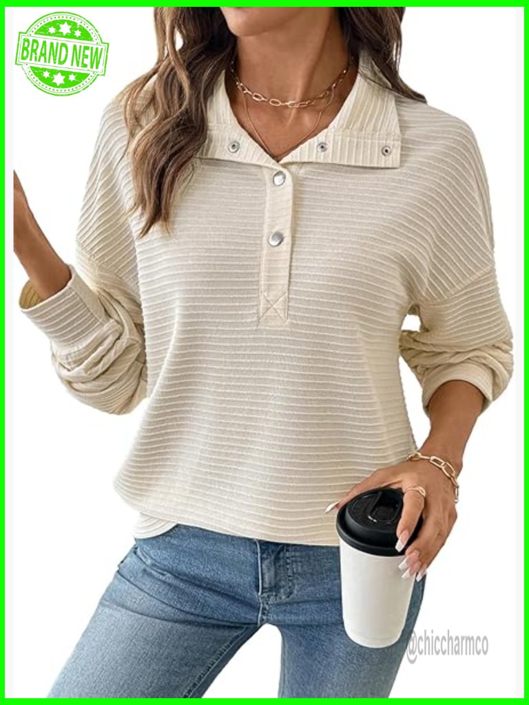 Oversized V-Neck Henley Sweatshirt, Button-Up Long Sleeve Pullover Top